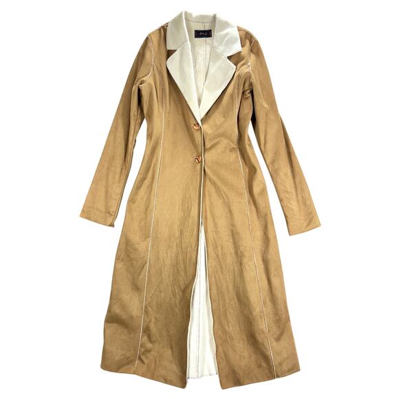Vintage 90s/Y2K PSJ USA L.A. Tan Duster Coat Sherpa Interior Pipelined Trim M - Picture 1 of 7